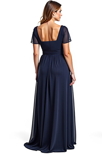 Navy A Line Ruched Long Formal Dress